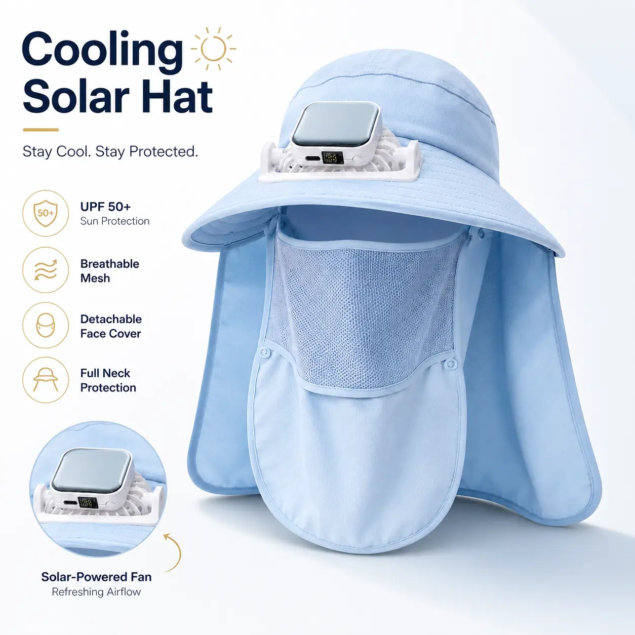 Solar-Powered Cooling Fan Bucket Hat 2026, Detachable Neck & Face Sun Shield, Wide Brim 360 UV Protection Breathable Mesh Sun Hat for Outdoor Workers (Fishing, Camping)