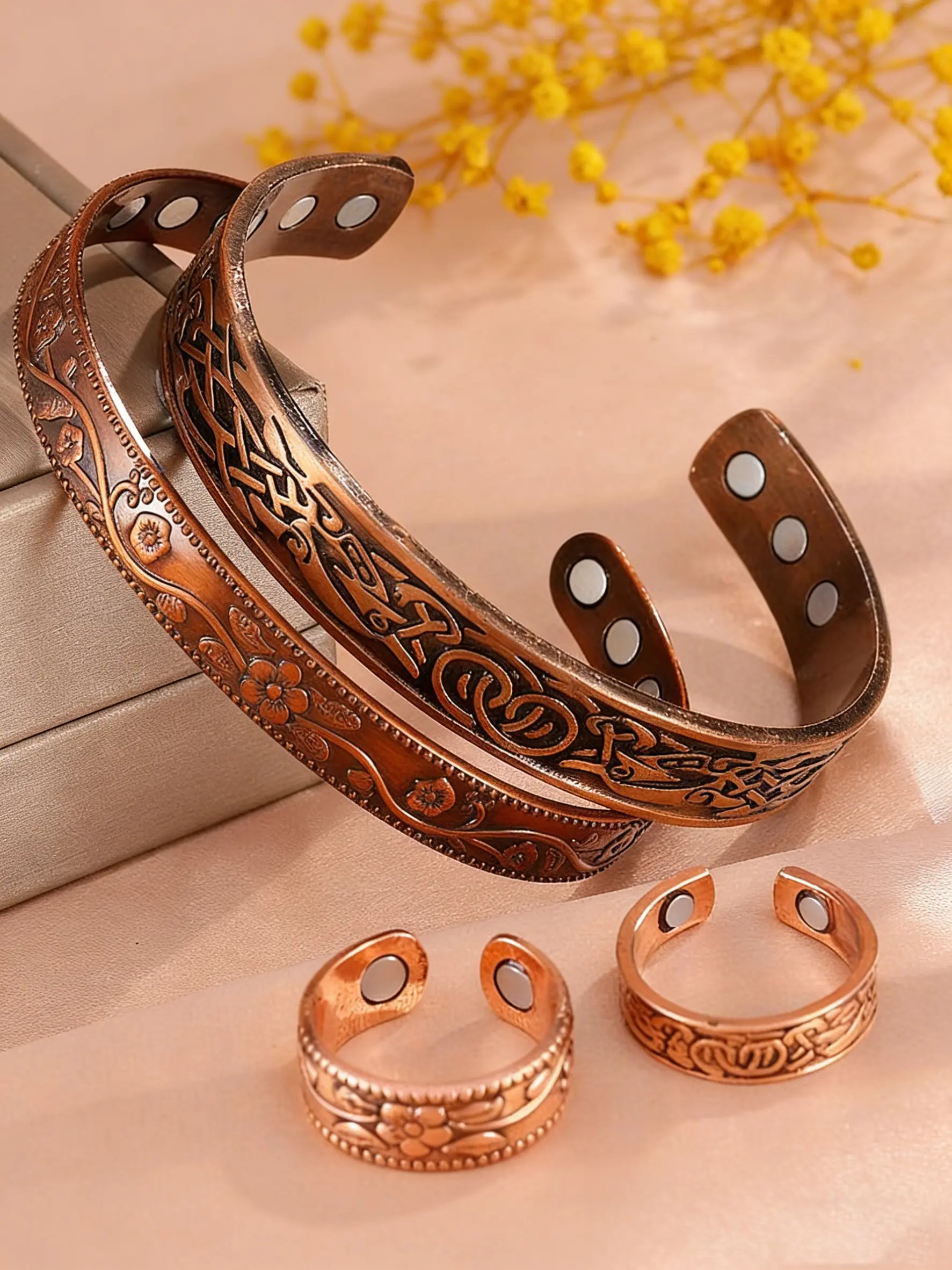 Magnetic Bracelet Set for Men & Women, Vintage Floral Design Copper Color Jewelry, Energy Stone Bangle Ring Accessories, Energy Healing Bracelet, Stacking Bangles, Bracelets Jewelry, Stackable Bangle Bracelets