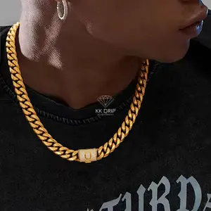 His & Hers 14mm Gold Cuban Link Chain Necklaces, 16/20/24/28in Bold Stainless Steel with A-Z Initial Engraving, Daily Hip Hop Fashion Accessories, Dad Gifts, Stainless Steel Necklaces, Cuban Links Necklaces,summervibes outdoorfun