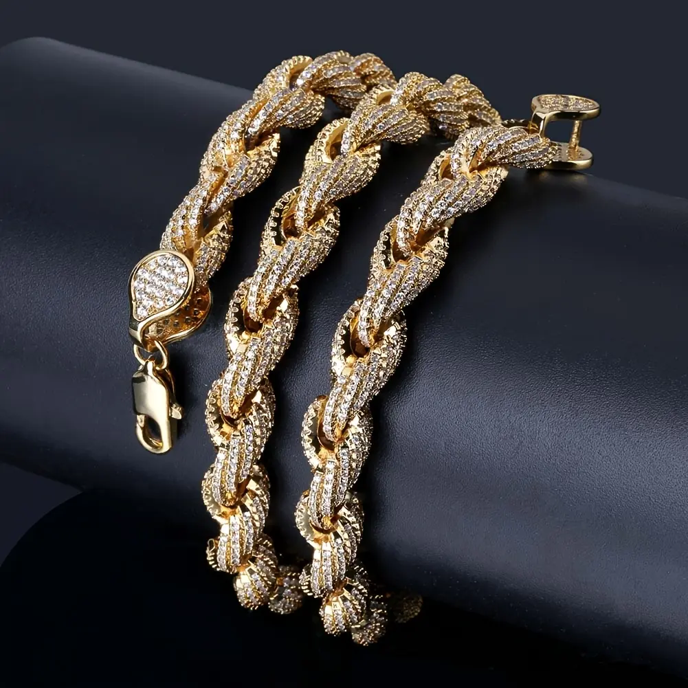 MaxBling81 Polished Iced Jewelry Set - 10mm Unisex Hip Hop Luxury, 8.5" Bracelet, 18"/20"/24" Cubic Zirconia Cuban Necklaces, Gold/Silver Plated Textured Rope & Gold Braided Daily Costume Accessories, Cuban Necklace Necklaces