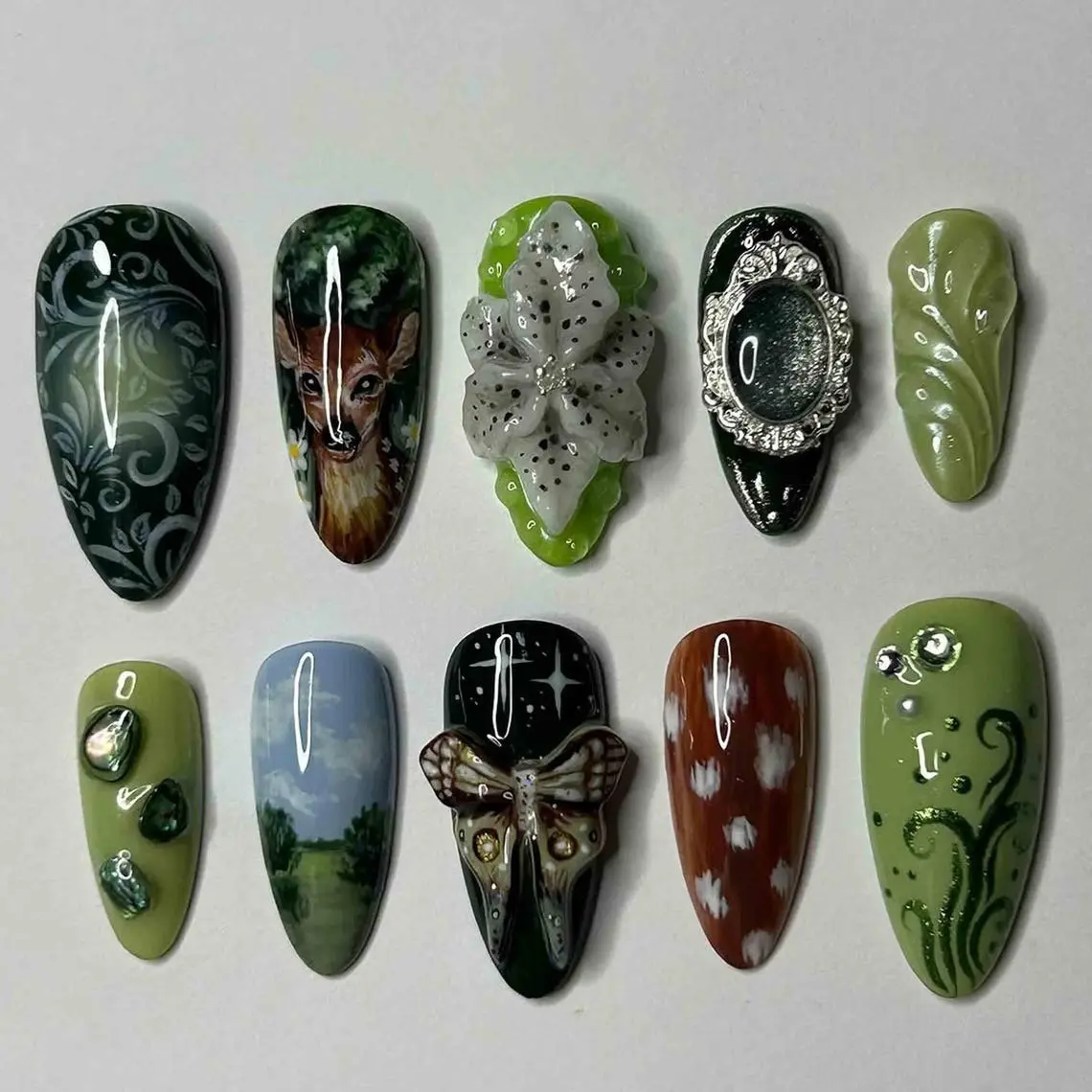 Woodland Fantasy Press On Nails | Hand-Painted Deer, Butterfly, Gem Art, 3D Flowers & Scenic Accents | Handmade Green Nature Nail Set
