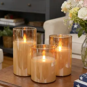 Battery Operated Flameless Candles 3-Pack, Real Wax Glass Flickering LED Candles with Remote Control & Timer, Electric Fake Candles for Christmas Wedding Home Indoor Party Decor
