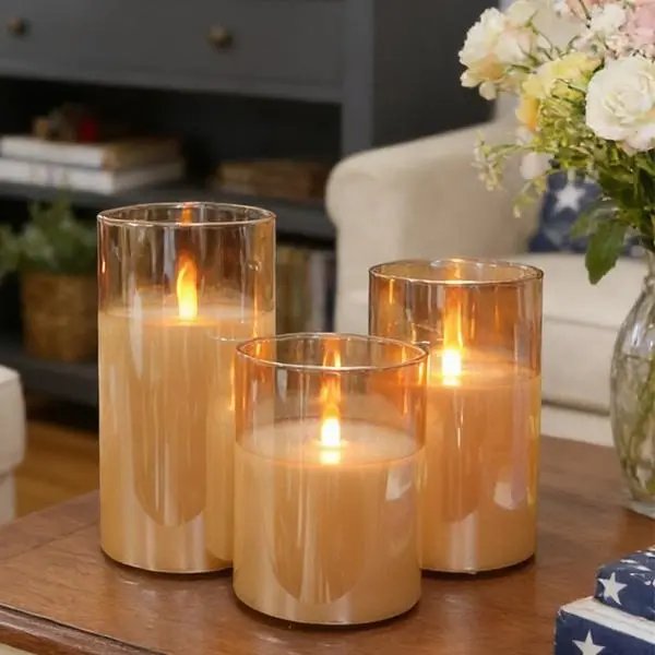 Rechargeable Battery Operated Flameless Real Wax Flickering LED Candles 3-Pack, Remote Timer Glass Fake Electric Candles, Fall Decor for Home Farm Table Centerpiece Halloween Thanksgiving Harvest Festival Christmas Wedding Indoor Party Decor