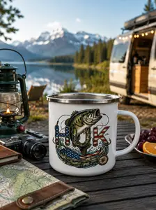 Fishing H*k Campfire Cup, Fishing Cup, Outdoor Mug for Camping Hiking Lake Life, Rustic Camp Cup with Stainless Steel Rim, Portable Travel Mug, Gift for Fisherman Outdoor Lover