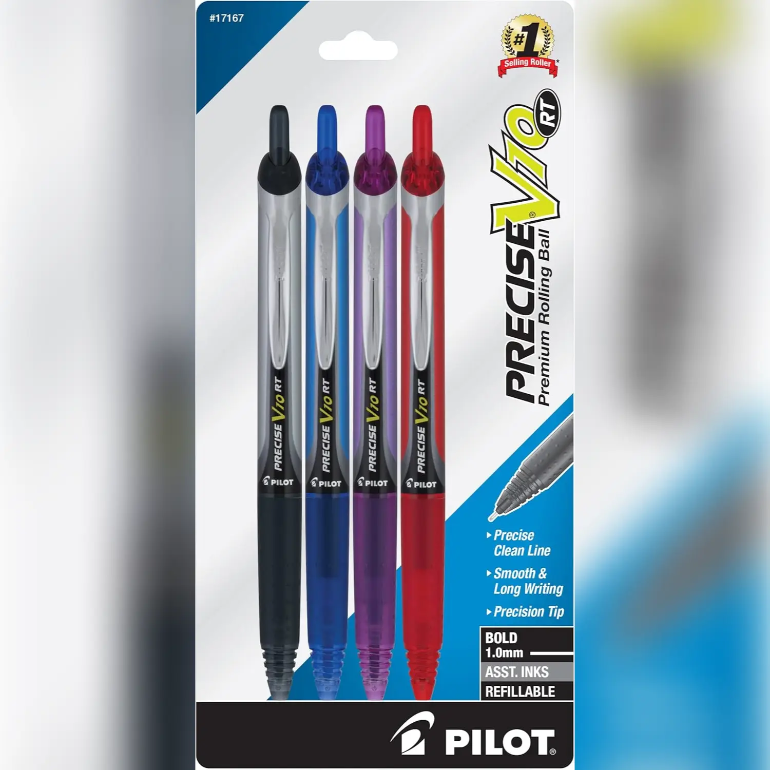 Pilot Precise V10 Retractable Rolling Ball Writing Pens Set, 1.0 mm Bold Point, Assorted Colors, Pack of 4 Pens
