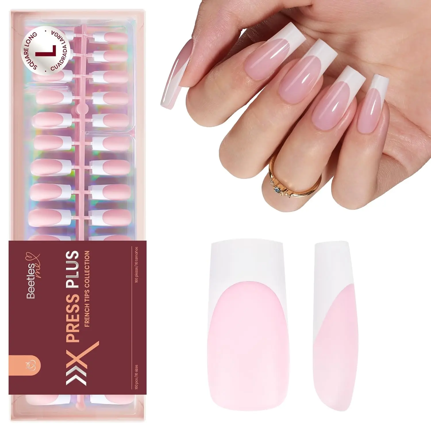 Beetles Press On Nails French Tip  4 in 1 Nail Tips Gel Nail , No File Need DIY Manicure for Easy False Nail Tips Soak Off Uv Nail Extension for Women