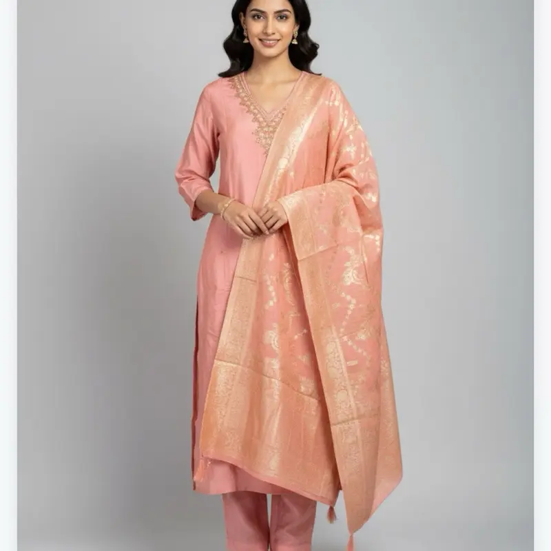 Raw Silk Kurta with Banarsi Dupatta Perfect Outfit for Any Special Occasions in Soft Peach Color
