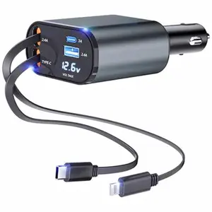 4-in-1 Retractable Fast Car Charger with Voltage Monitor Dual USB Ports for iPhone & Type-C PD QC3.0 AFC MTK FCP Compatible with 12V-24V Cars