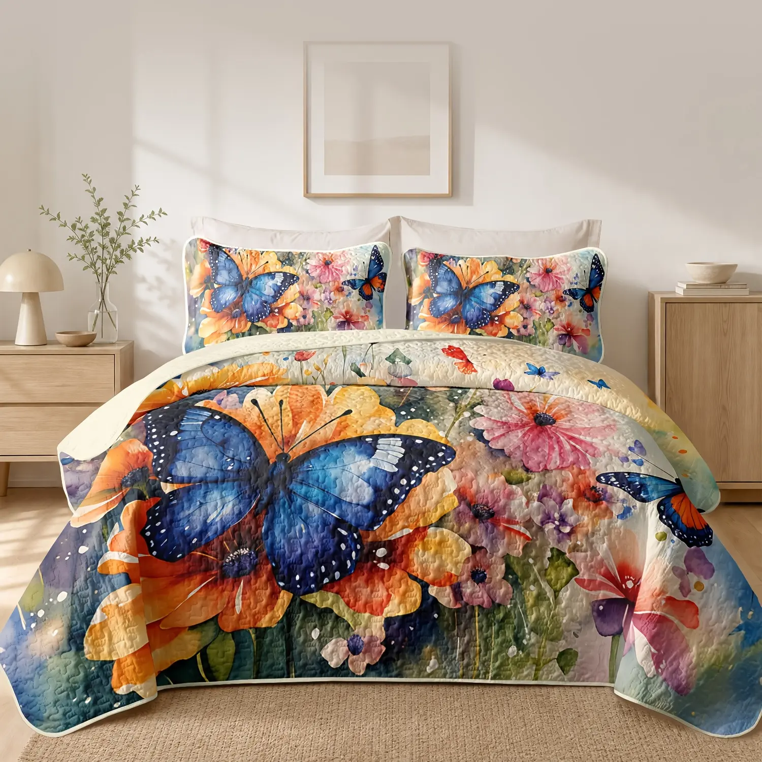 2/3pcs Watercolor Butterfly Flower Quilt Set, Lightweight Cooling Bedspread Coverlet, Soft Skin-Friendly Colorful Floral Print Bedding with Pillow Shams, Reversible Easy Care Bed Cover for All Seasons, Vibrant Blue Butterfly Bedspread for Bedroom