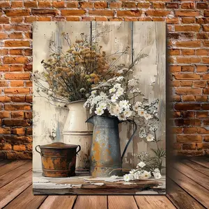 2D1pc Rustic Style Wooden Frame Canvas Art - Deep Yellow Wood Color with White Jasmine Flowers and Rust-Colored Kettle, Vintage Weathered Finish, Suitable for Living Room or Bedroom Decoration, Bedroom Wall Art| Vintage decoration| Weathered finish art, v