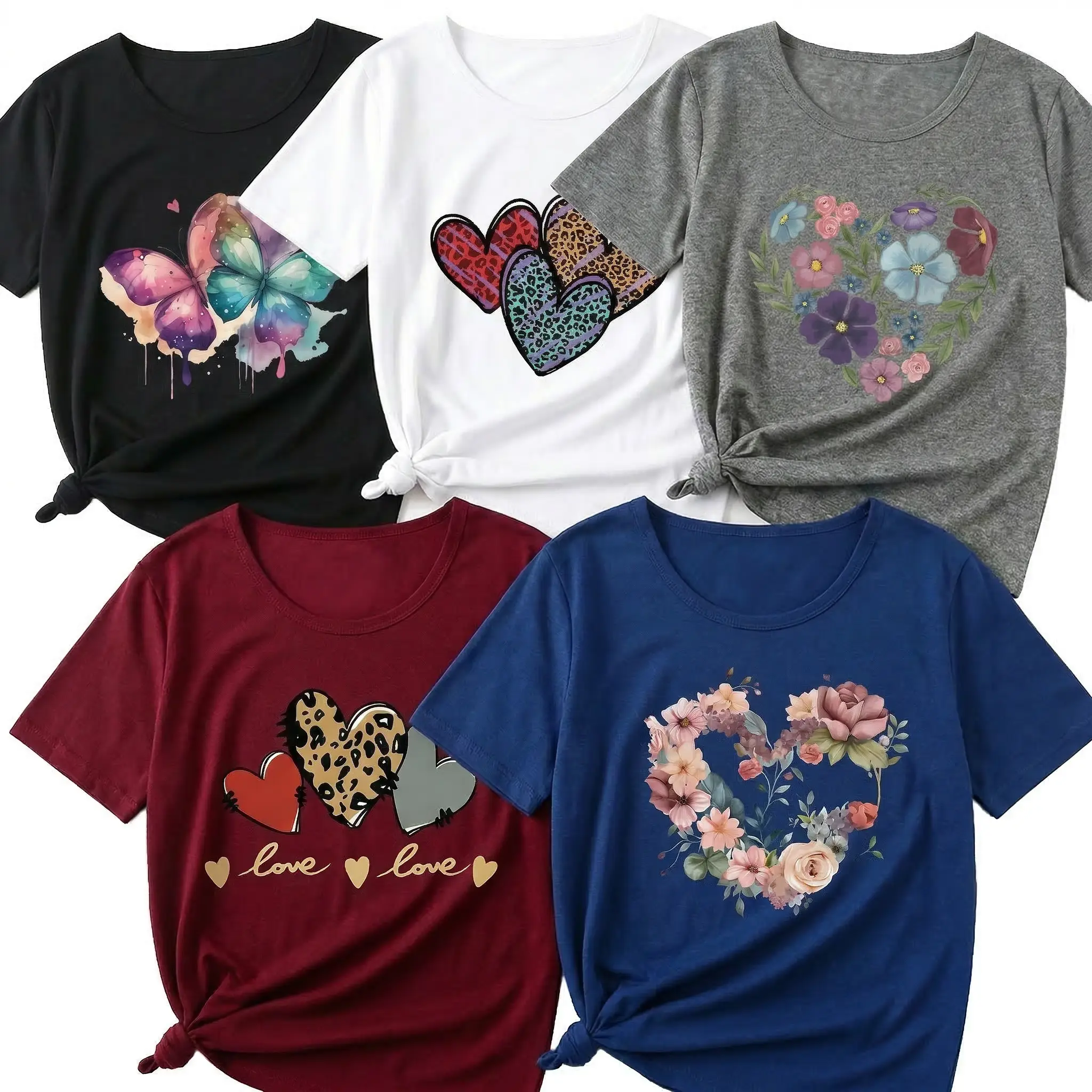Women's 5-Pack Colorful Heart Motif Graphic Sleeve Shirts, Loose Fit Chic Aesthetic Assorted Floral Butterfly Prints, Breathable Short Sleeve Casual Summer Tops, Book Lover Gift - Womenswear