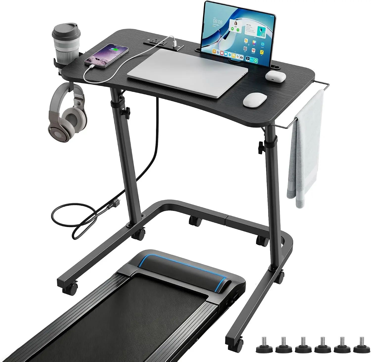 Adjustable Height Standing Desk for Walking Pad, Treadmill Desk with Wheels | Mobile Walking Pad Desk with Power Outlet, Cup Holder, Portable Laptop Table for Home Office Work, Bike and Cycling Training