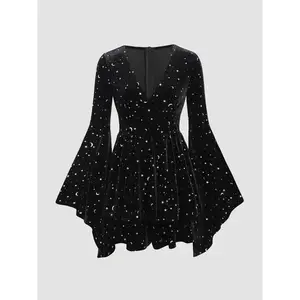 Velvet V-neck Star & Moon Pattern Bell Sleeve Wizard Romper