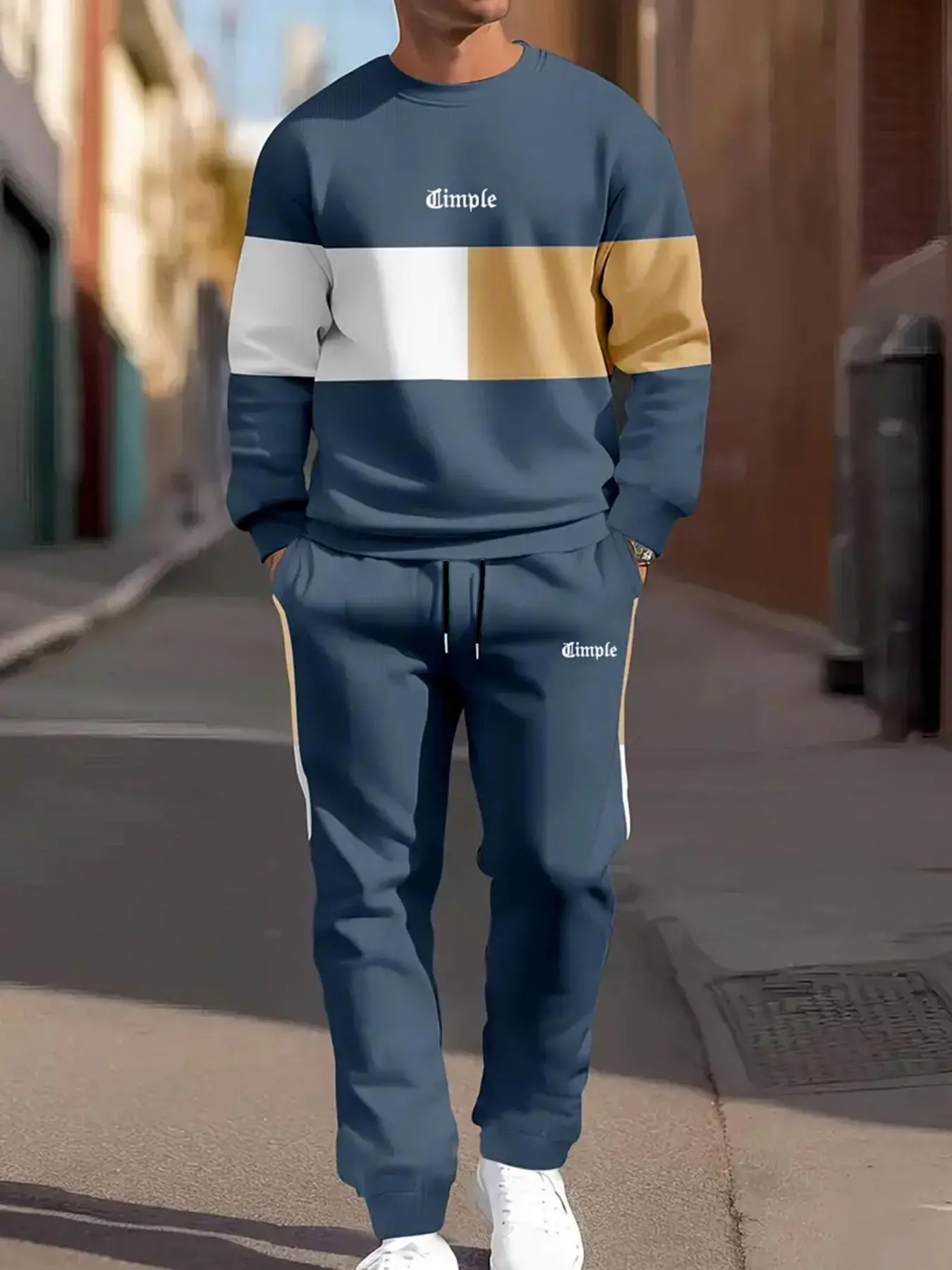 Men's Patchwork Letter-Print Sweatshirt & Drawstring Waist Sweatpants Set, Casual Round Neck Long Sleeve Pullover & Jogger Pants with Pockets, Casual Sport Set, Commute Style Set, Colorblock Sportswear Set, Athleisure Set, Fall & Winter Menswear