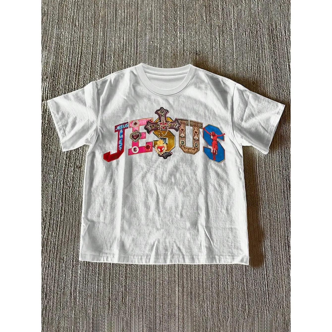 Women's Multi-Color Gemstone Cross & Jesus Graphic Graphic T-Shirt - 100% Cotton Short Sleeve Crew Neck Regular Fit Casual Wear | Soft & Breathable Fabric, Durable Print, Everyday Comfort, Machine Washable, religious graphic indoor flat lay