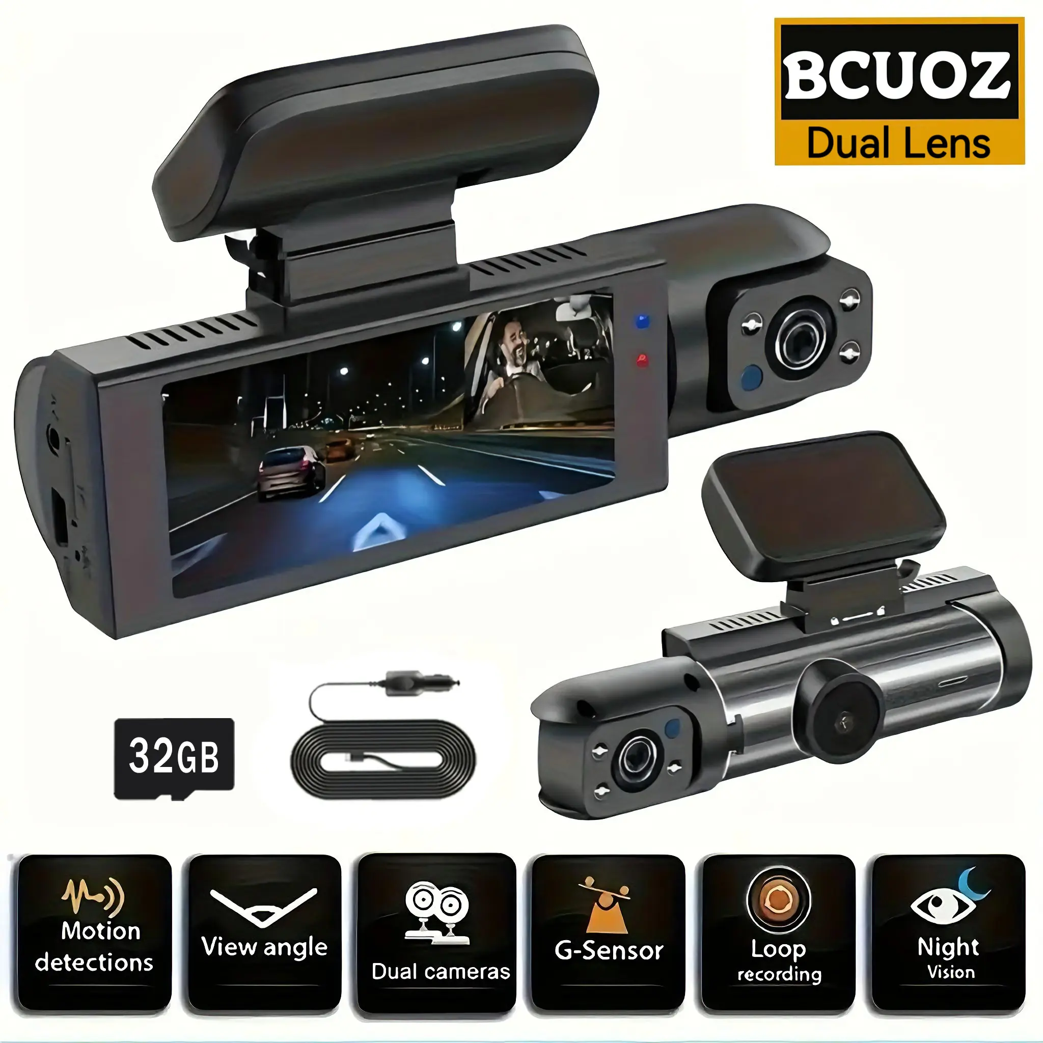 BCUOZ Full HD 1080P Dual Camera Dash Cam with 32GB Card, 3.16" IPS Screen Loop Recording Car Driving Recorder for Safety & Evidence