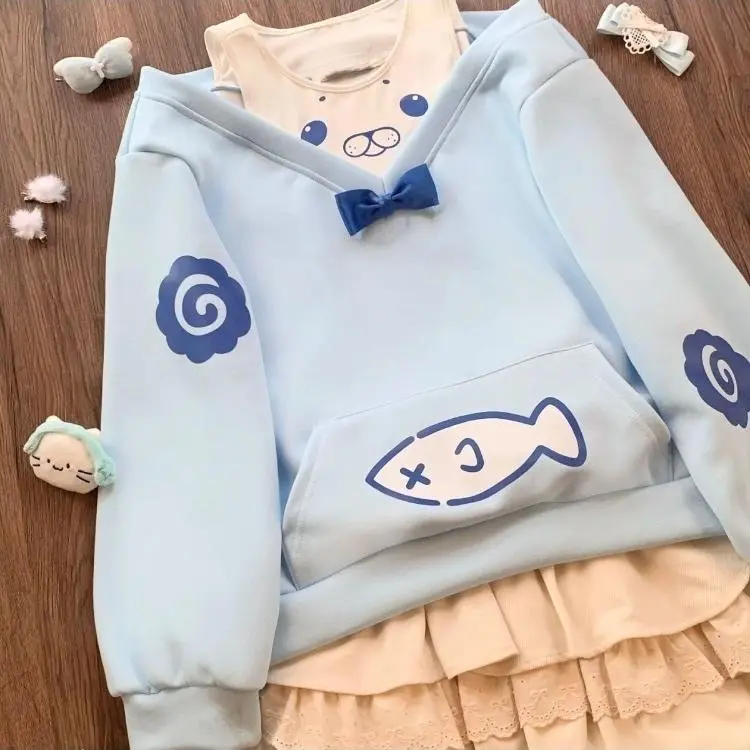 Women's Kawaii Graphic Sweatshirt, Casual Crew Neck Pullover with Long Sleeves and a Loose-Fitting Cut in Soft Polyester, Longsleeves, Relaxed Cut, Clothes, Kawaii Print, Pull On
