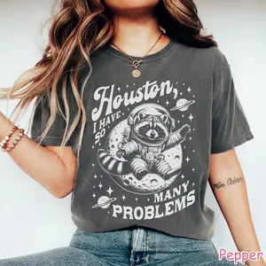 Women's Retro Graphic T-Shirt, Vintage 90s Soft Cotton Short Sleeve Top with Funny "Houston Problems" Raccoon Print