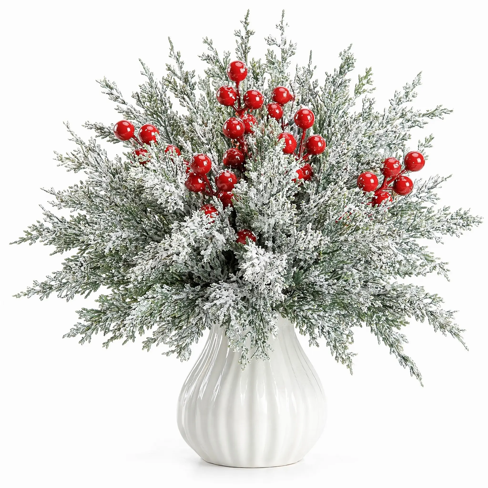 Christmas Art Deco Winter-Themed Red Berry Glitter Plastic Decorative Centerpiece in White Vase - Festival Home Festive Accent