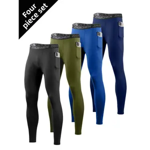 4-piece set with pockets, compression trousers, leggings, basketball high-elastic training, fitness pants, running sports high-elastic quick-drying base