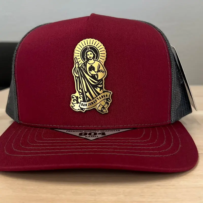 San Juditas Faith Gender Neutral Mesh Trucker Hat - Olivo, Adjustable Snapback, Religious Patch Covered, Airy Heat Relief, Casual Baseball Style, Mesh Performance, Adjustable Fit, Adjustable Fit Hat, Snapback Hats