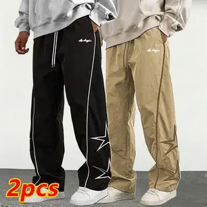 2-Pack Men's Casual Straight-Leg Pants, All-Season Loose Star-Print Athletic Pants, Polyester Fabric, Fashion Comfortable Trousers, Trendy Outdoor Streetwear Sweatpants