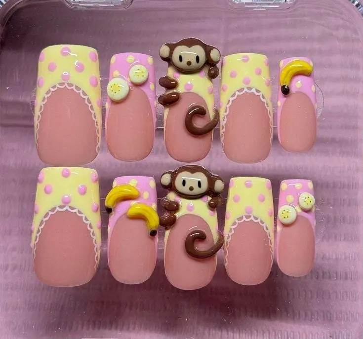 3D Monkey Banana Charms Press On Nails, Kawaii Polka Dot Nail Art