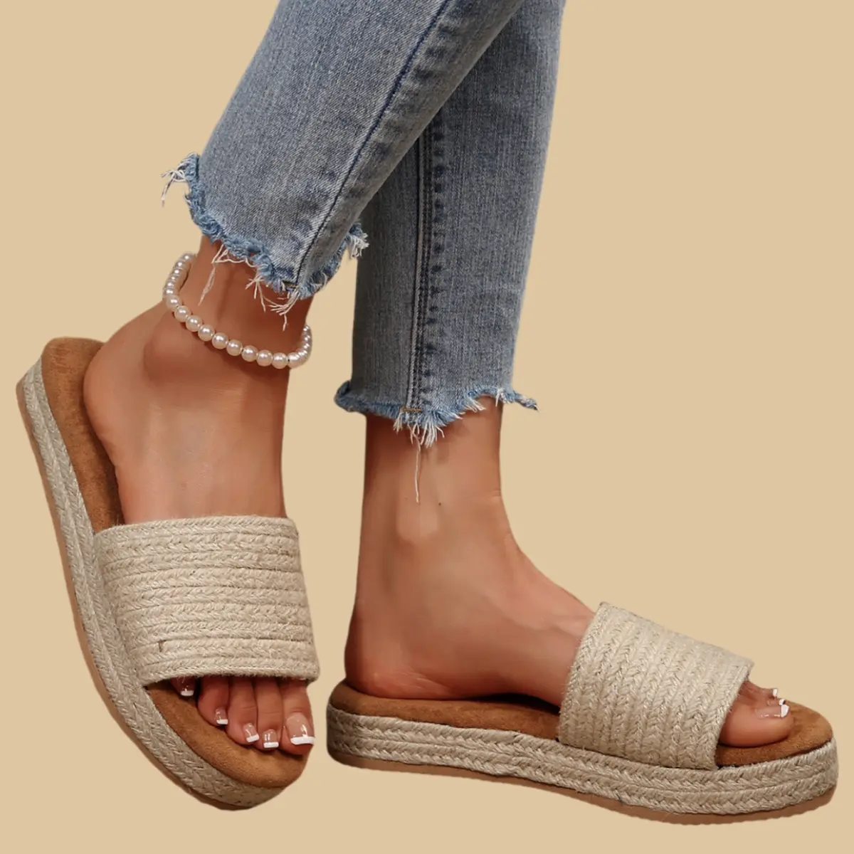 Women's Single Band Espadrille Flatform Sandals Straw On Slides