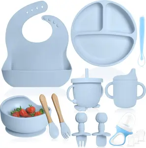 Bluet B- Silicone Baby Feeding Set with Pacifier - Baby Led Weaning Supplies - Baby Spoons, Suction Bowl - Plate - Baby Utensils Set - Silicone Feeding Set for Baby First Foods - 11pcs - Gray
