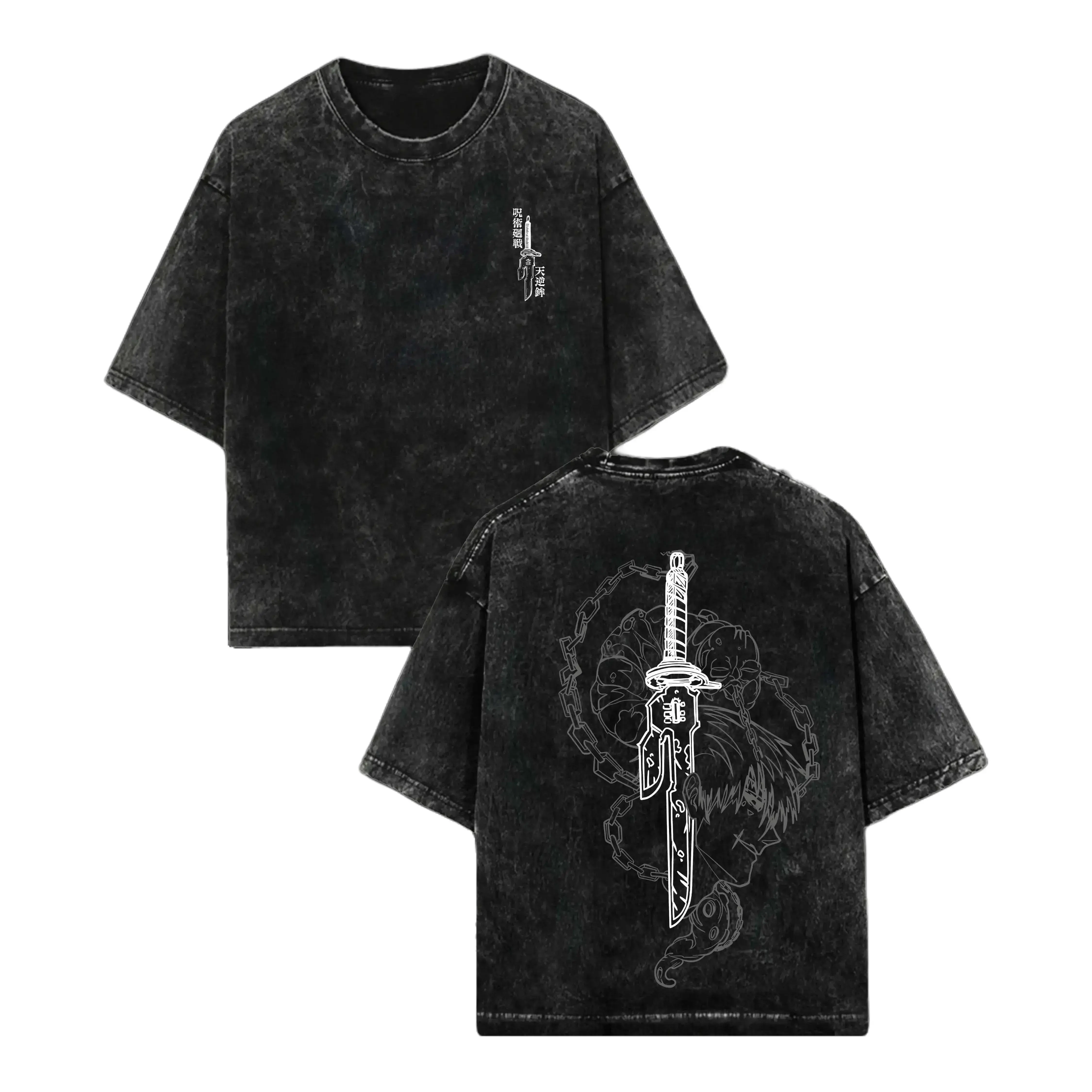 Jujutsu Kaisen Fushiguro Toji Sword Vintage Washed Oversized T-Shirt Front Back Minimalist Anime Print Grunge Streetwear Unisex JJK Manga Casual Fan Tee Top Round Neck Black Crewneck Shortsleeve
