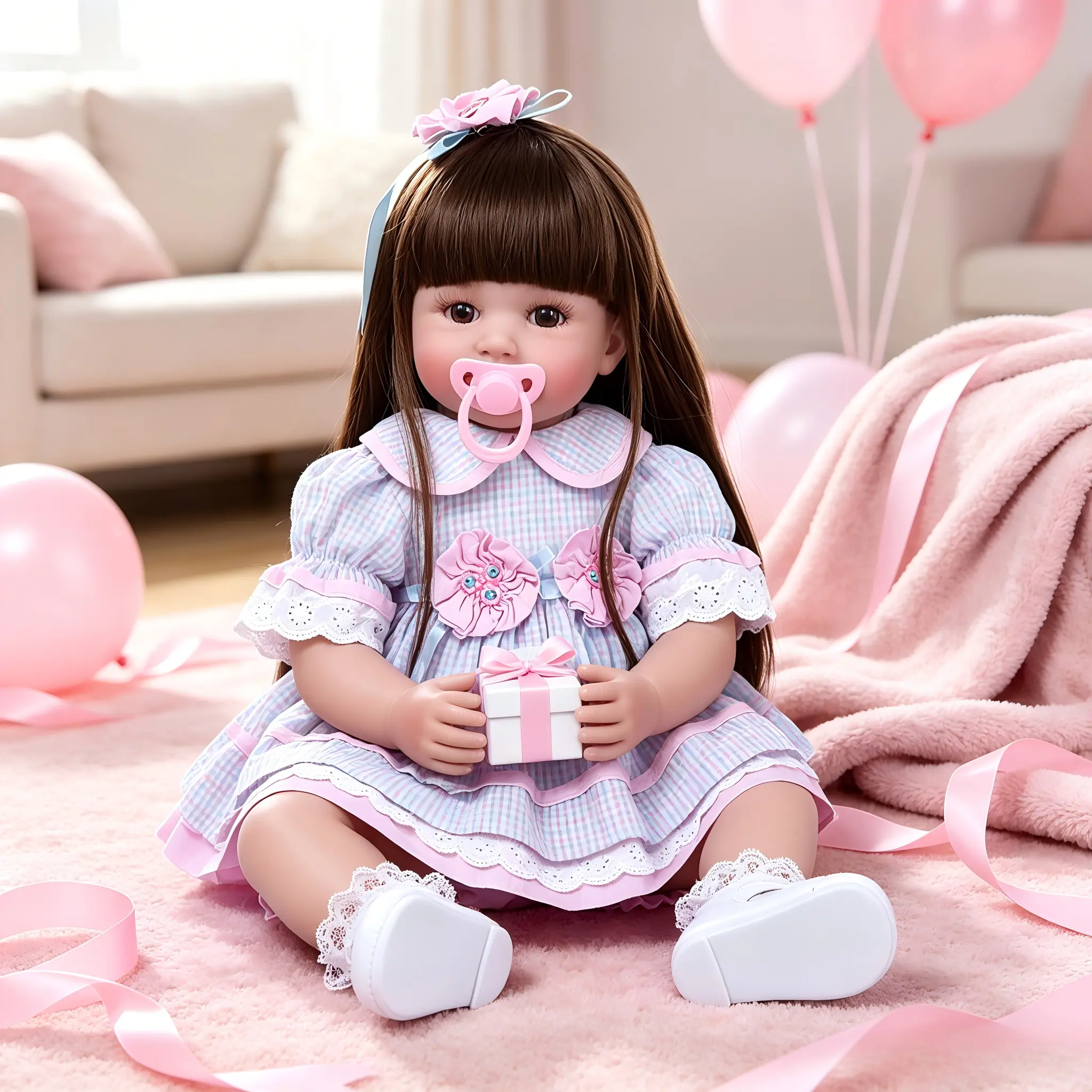 24" Realistic Awake Reborn Toddler Doll Life Size Babydolls with Soft Cloth Body Vinyl Limbs Long Hair Blue Plaid Outfit, Feeding Set Included Gift for Kids Birthday or Cheristmas Day