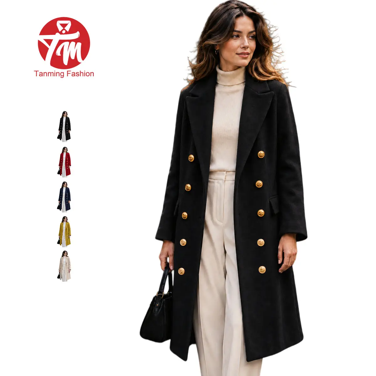 Tanming Women's Fall Winter Wool Blend Double-Breasted Midi Peacoat - Long Trench Jacket, Classic Elegant Chic Minimalist V-Neck Long Sleeve Fitted Warm Outerwear, Women's Tops