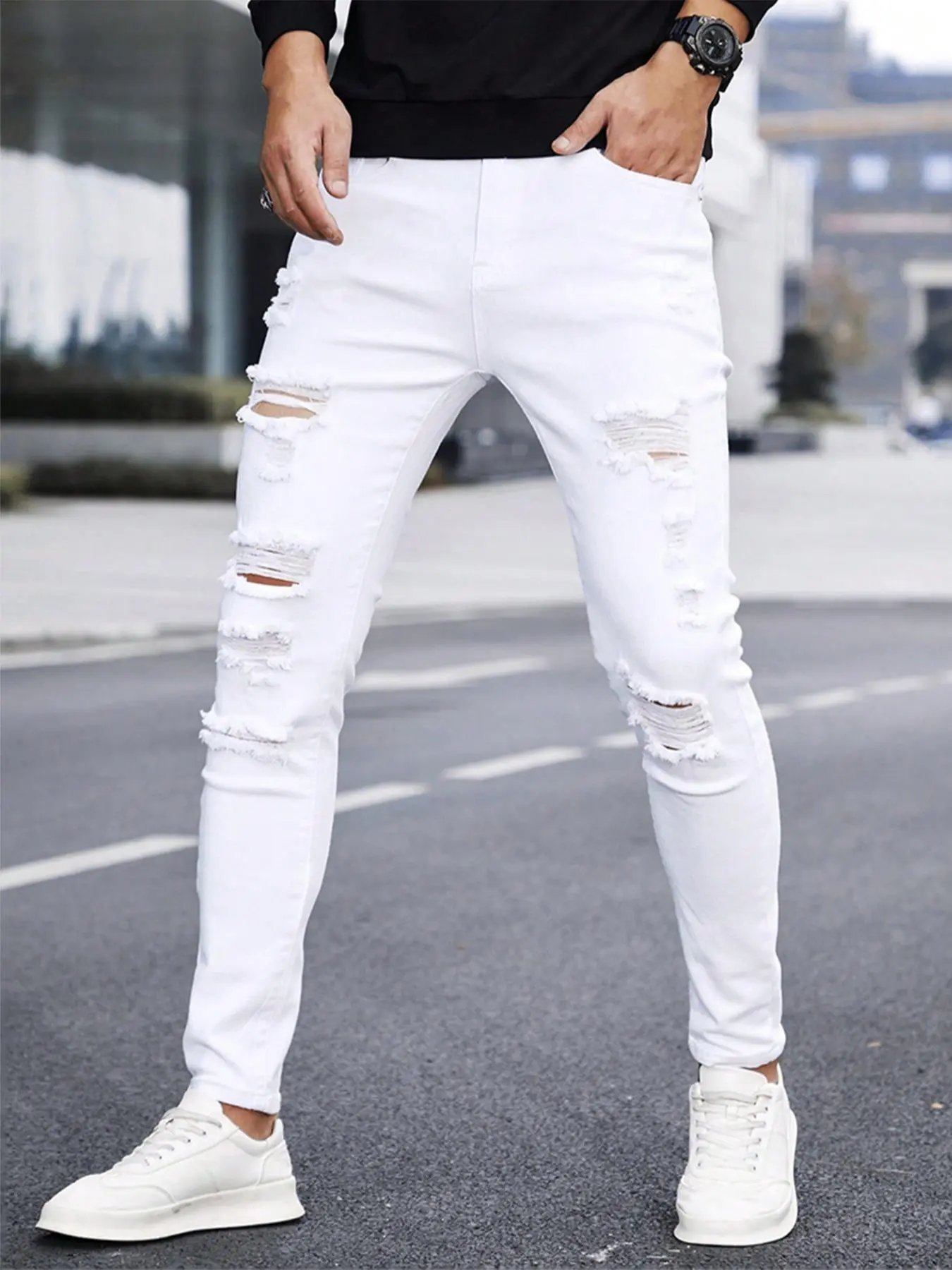 Men's Solid Ripped Straight Leg Jeans, Casual Comfy Slim-fitting Denim Pants for Daily Wear, Streetwear Fashion Men's Bottoms for All Seasons, Cotton, Menswear, Ripped Skinny Jean, Distressed Jeans, Denim Look Jeans