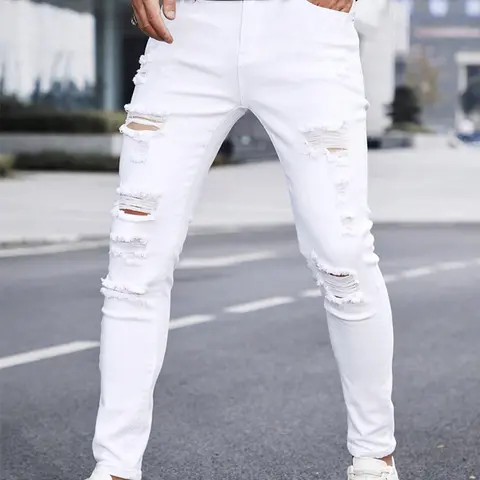 Men's Solid Ripped Straight Leg Jeans, Casual Comfy Slim-fitting Denim Pants for Daily Wear, Streetwear Fashion Men's Bottoms for All Seasons, Cotton, Menswear, Ripped Skinny Jean, Distressed Jeans, Casual Denim Clothing