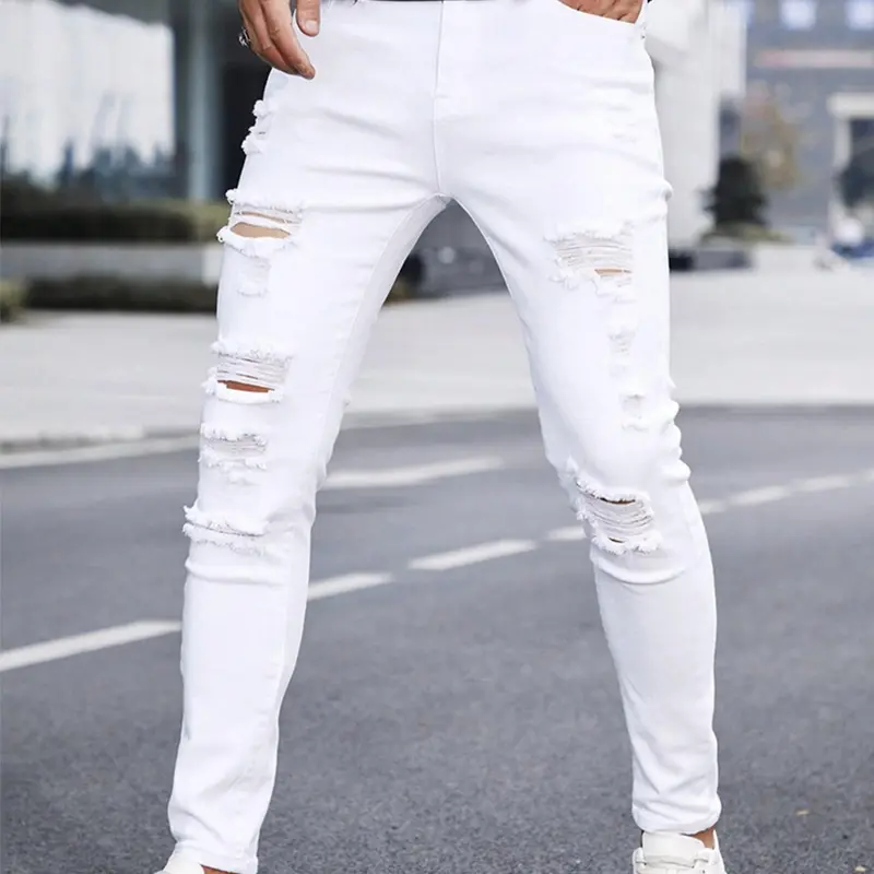 Men's Solid Ripped Straight Leg Jeans, Casual Comfy Slim-fitting Denim Pants for Daily Wear, Streetwear Fashion Men's Bottoms for All Seasons, Cotton, Menswear, Ripped Skinny Jean, Distressed Jeans, Casual Denim Clothing