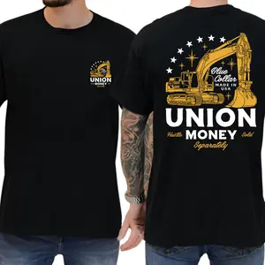 Women's Classic Short-Sleeve Crewneck Graphic Tee - Breathable Cotton Streetwear, USA-Made Construction Excavator Print Work Shirt, Heavy Equipment Operator Unisex Gift (Hustle Sold Separately)