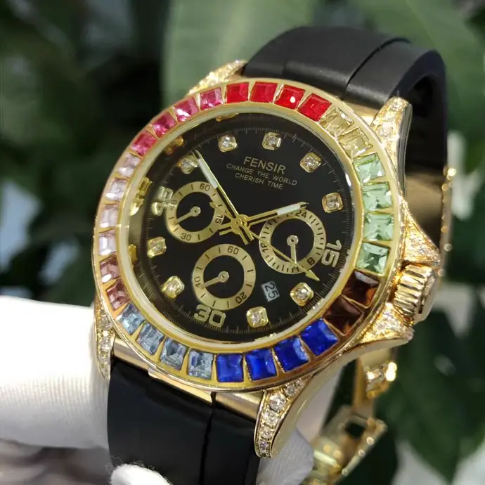 Luxurious Men's Watch with Colored Crystal Dial and Gold Finish, Skeleton Design, Royal Style for Business and Casual Occasions, High-Quality Chronograph, Perfect Gift for Any Occasion