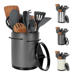 Extra Large Kitchen Utensil Holder - 360° Rotating Stainless Steel Cooking Utensil Holder for Countertop, 3 Compartment Flatware Organizer & Utensil Caddy with Removable Base（Grey）