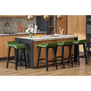 26.2" Solid Wood Bar Stools Set of 4, Counter Height Bar Stools with Wide PU Leather Upholstered Seat, Barstools Set for Kitchen Islands, Counter Bars, Green