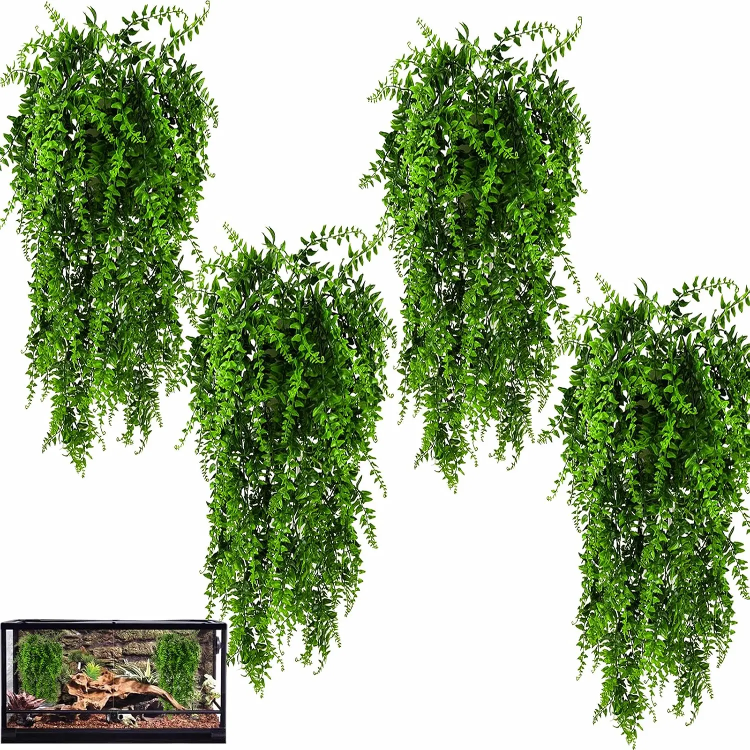 4 Pack Reptile , Terrarium Hanging  Vines Artificial Leaves Habitat Decorations with Suction Cup for Bearded Dragon Hermit Crab Lizard Snake Geckos Chameleon