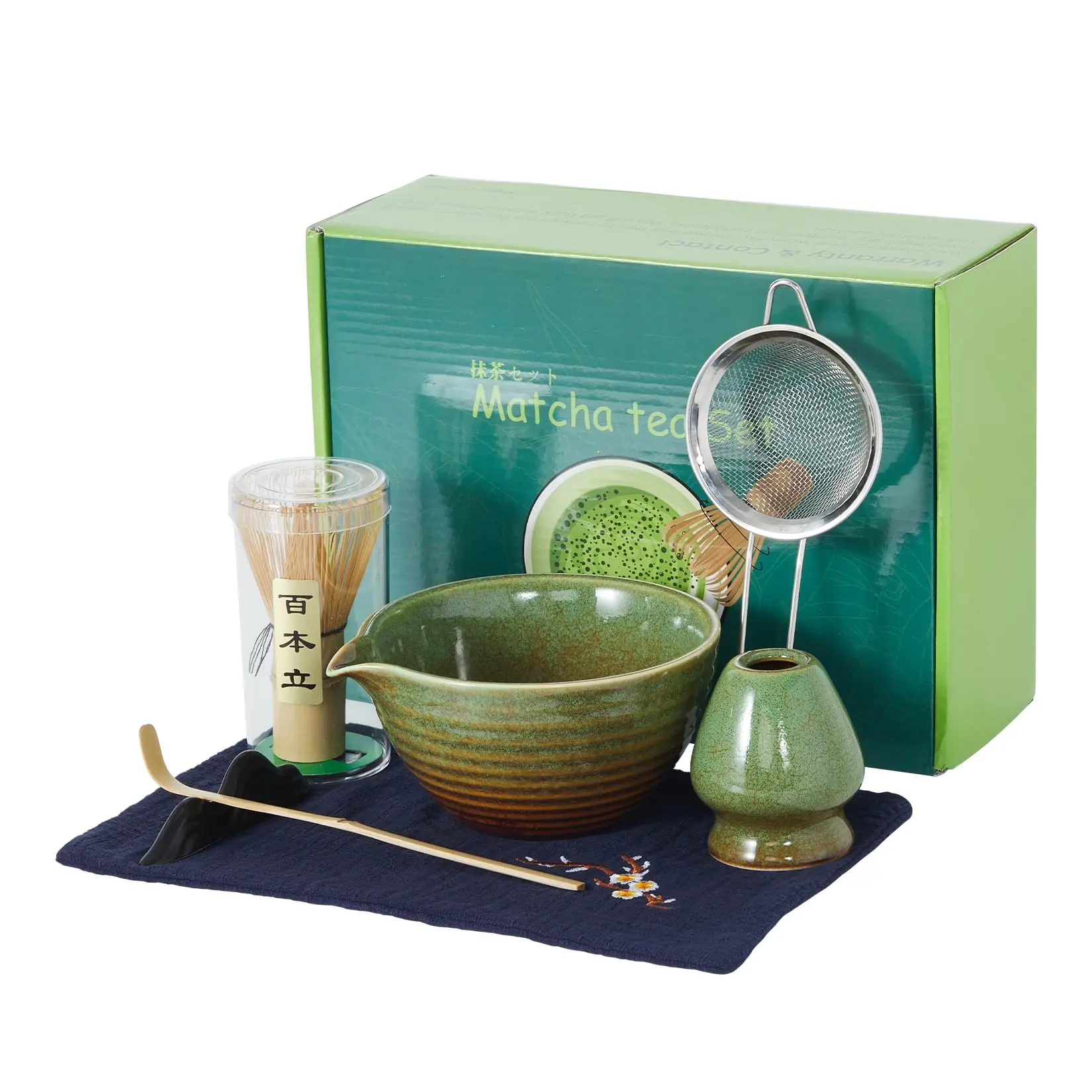 Garvee Matcha 7-Piece Whisk Set includes ceramic bowl, whisk and bamboo stand, bamboo scoop and spoon rest, stainless steel sieve, and tea towel, matcha kit for tea lovers