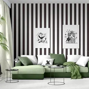 A roll of Modern black and white vertical stripe self-adhesive wallpaper stickers with strong adhesion, detachable waterproof and moisture-proof properties, Interior Design bedroom, living room, background wall+cabinet renovation, Peel and stick