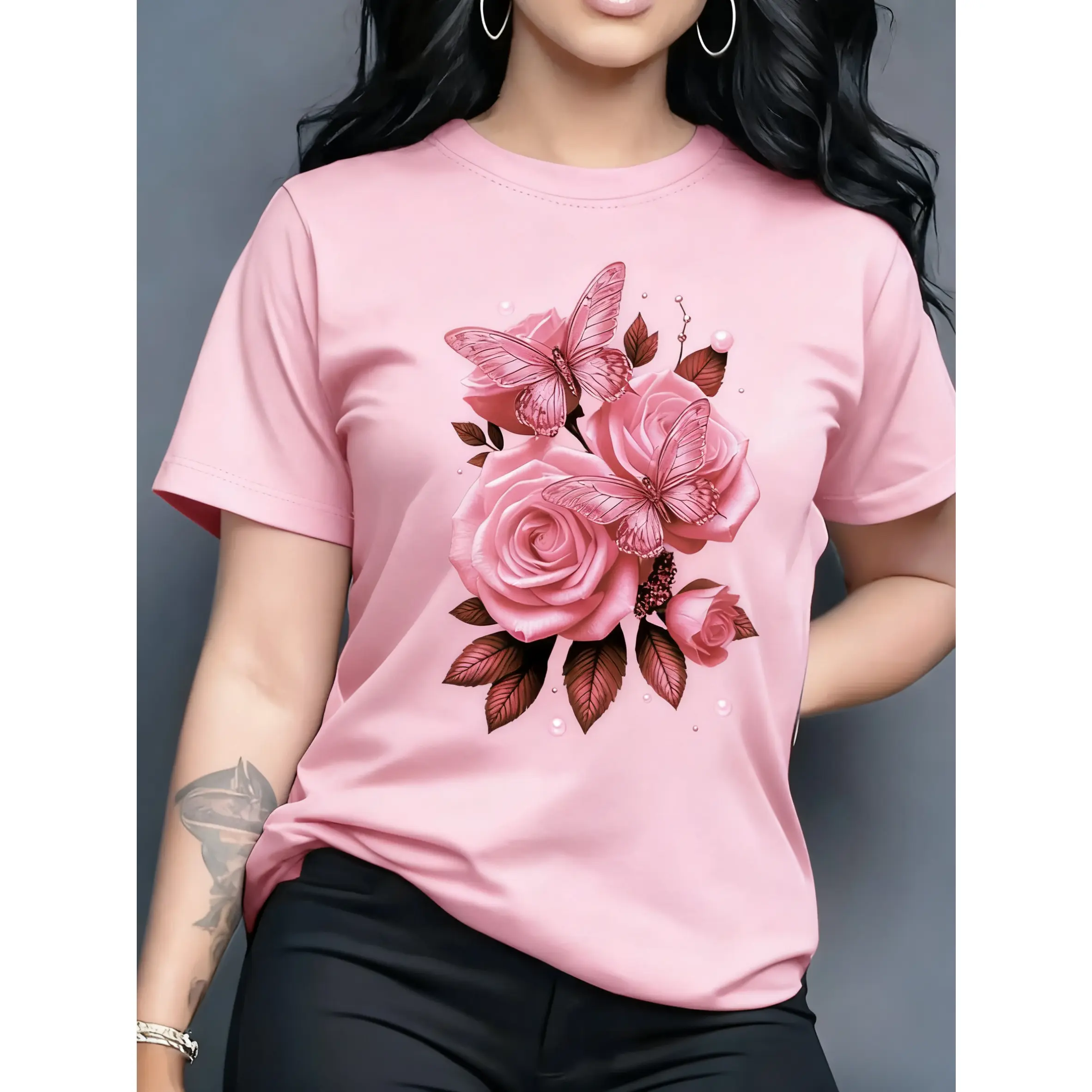 Women's 100% Cotton Rose Butterfly Printed T-Shirt - Casual Short Sleeve Lady Top with Classic/Loose Fit, Asymmetrical Design, Floral Graphic, Smooth Comfy Fabric, Christmas Check Accent, Machine Washable for Daily Outfits
