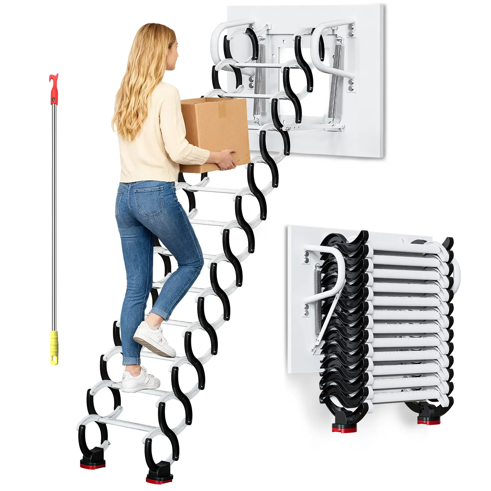 Carbon Steel Wall-Mounted Attic Ladder Kit with Handrail Safety, 12-Step 3.1m Folding Loft Staircase for Loft Access on Solid Walls, 882 lbs Capacity Telescopic Ladder (Frees Floor Space)