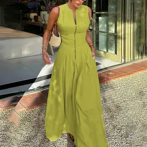 Women's A-Line Loose Pleated Pockets Split-Joint Zipper Round-Neck Maxi Dresses - Sleeveless Summer Casual Fit Women'swear