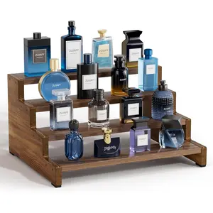 Cologne Organizer for Men, 4 Tier Wooden Cologne Stand Mens Fragrance Shelf, Tiered Wood Risers Display Stands for Perfume, Cupcake, Figures, Dessert, Brown