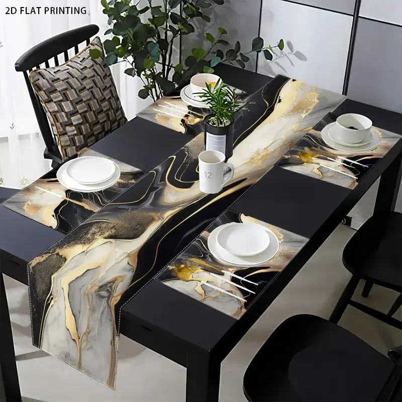2D flat printing, 1 piece/4 pieces/6 pieces set, abstract marble pattern table flag placemat set, Household placemat, Dining Table Placemats, modern design black gray gold suitable for kitchen, coffee restaurant, bedroom home decoration