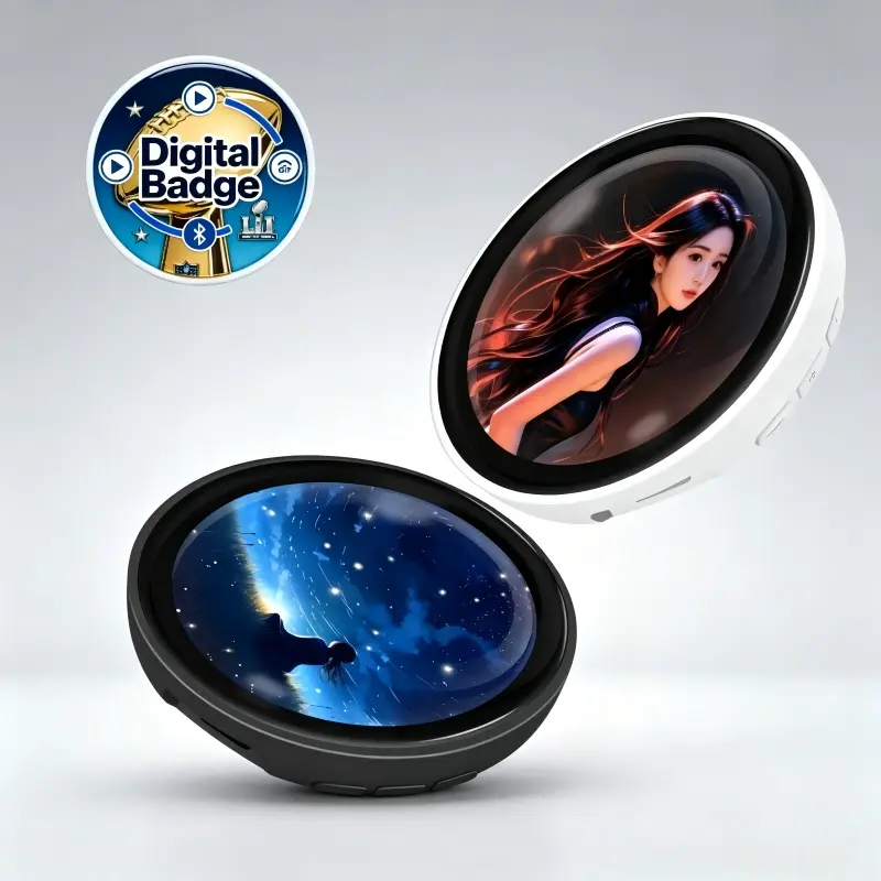 Customizable E-Badge smart digital display badge with IPS touchscreen, Bluetooth photo/GIF upload, 6-hour battery life, AI images, 360×360 resolution—for self expression and fashion