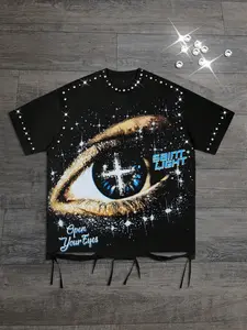 Rhinestone short sleeved perforated T-shirt for men's eyes printed short sleeved T-shirt for both men and women, including cotton short sleeved shirt, aesthetic geometric shirt, Graphic, European and American street trend T-shirt, Streetwear, Casual