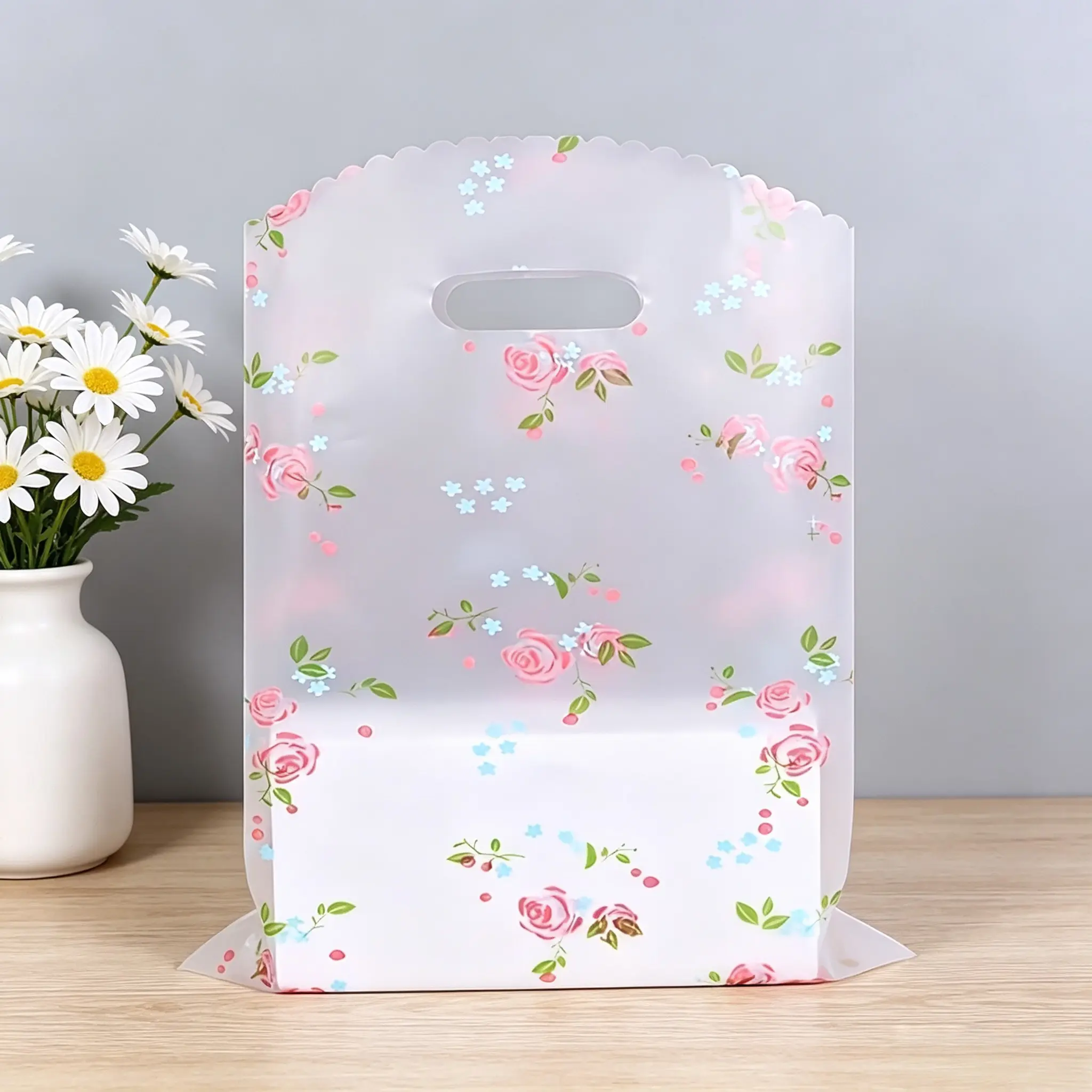 50 Pcs Rose Floral Plastic Thank You Flower Bags with Handles, Reusable Retail Grocery Totes, Ideal for Boutiques, Shopping, Gifts, Parties